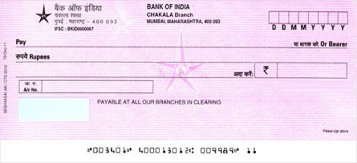 cheque number for bank of india