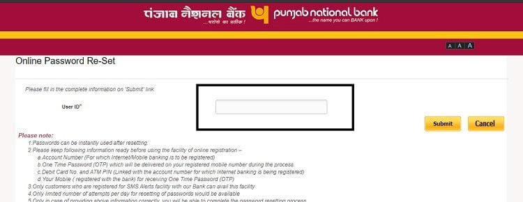 PNB online password reset