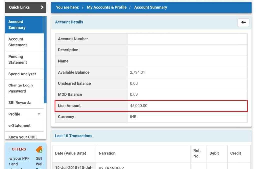 What Is Lien Amount In State Bank Of India Account?
